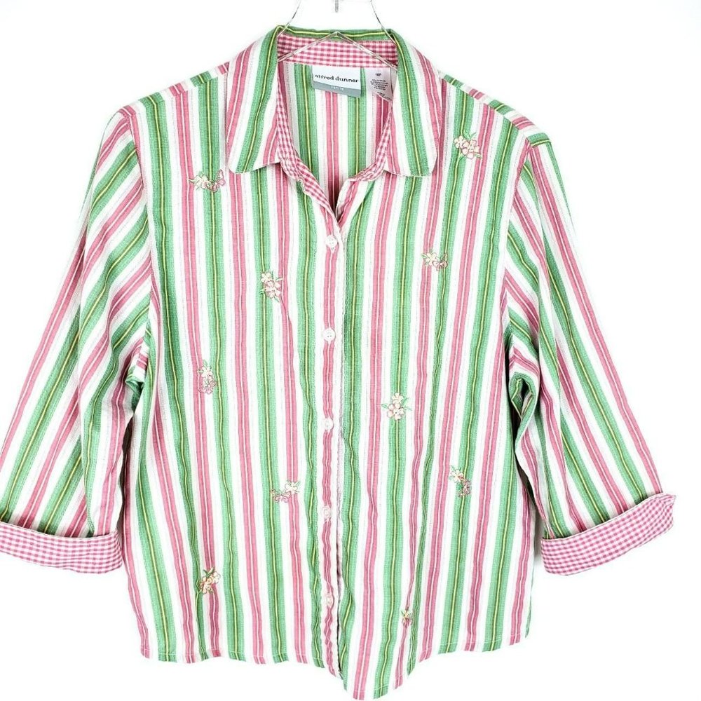 Alfred Dunner 16 L Gingham Cropped beaded striped blouse pink green Grannycore